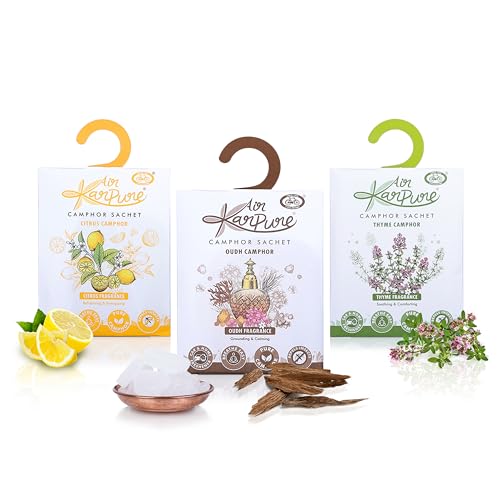 Cycle Pure Karpure Camphor Sachet - Pack of 3 | Air Freshener for Bathroom, Toilets, Cars, Wardrobes, Homes, & Offices | Oudh, Citrus, & Thyme Fragrance | Each Lasts up to 30 Days, 30gm Each - Image 1
