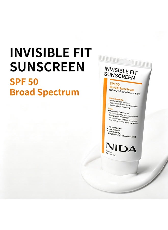 NIDA Invisible Fit Sunscreen SPF 50 Broad Spectrum UV-A/UV-B Protection | No White Cast, Low Irritation, Hydrating Lotion-like Lightweight Glow Sunscreen for All Skin Types, 50ml - Image 2