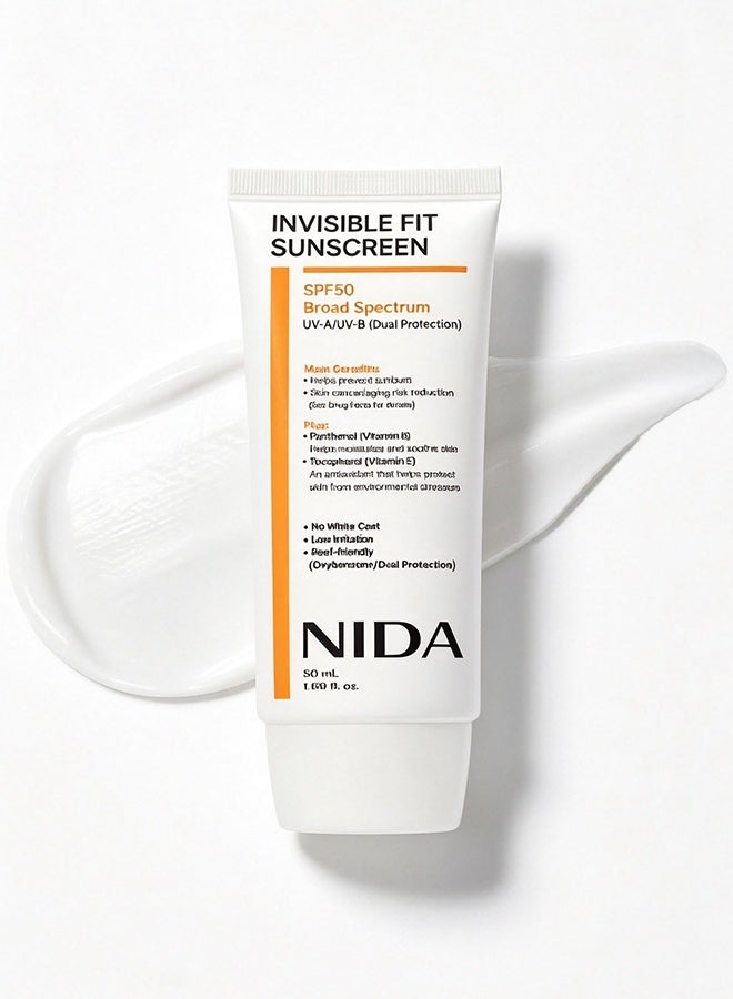 NIDA Invisible Fit Sunscreen SPF 50 Broad Spectrum UV-A/UV-B Protection | No White Cast, Low Irritation, Hydrating Lotion-like Lightweight Glow Sunscreen for All Skin Types, 50ml - Image 1