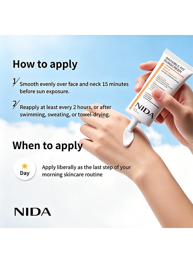 NIDA Invisible Fit Sunscreen SPF 50 Broad Spectrum UV-A/UV-B Protection | No White Cast, Low Irritation, Hydrating Lotion-like Lightweight Glow Sunscreen for All Skin Types, 50ml - Image 5