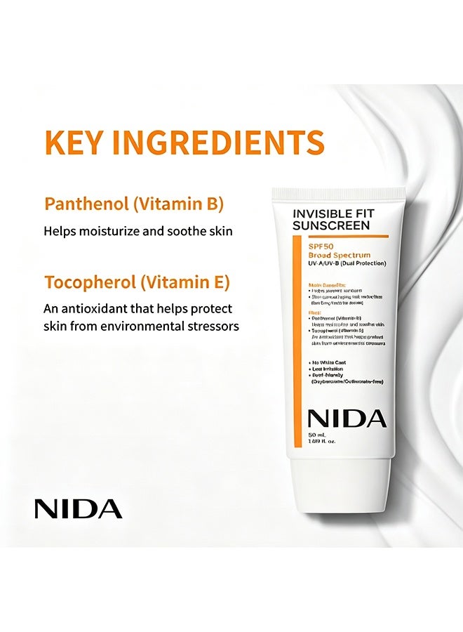 NIDA Invisible Fit Sunscreen SPF 50 Broad Spectrum UV-A/UV-B Protection | No White Cast, Low Irritation, Hydrating Lotion-like Lightweight Glow Sunscreen for All Skin Types, 50ml - Image 4