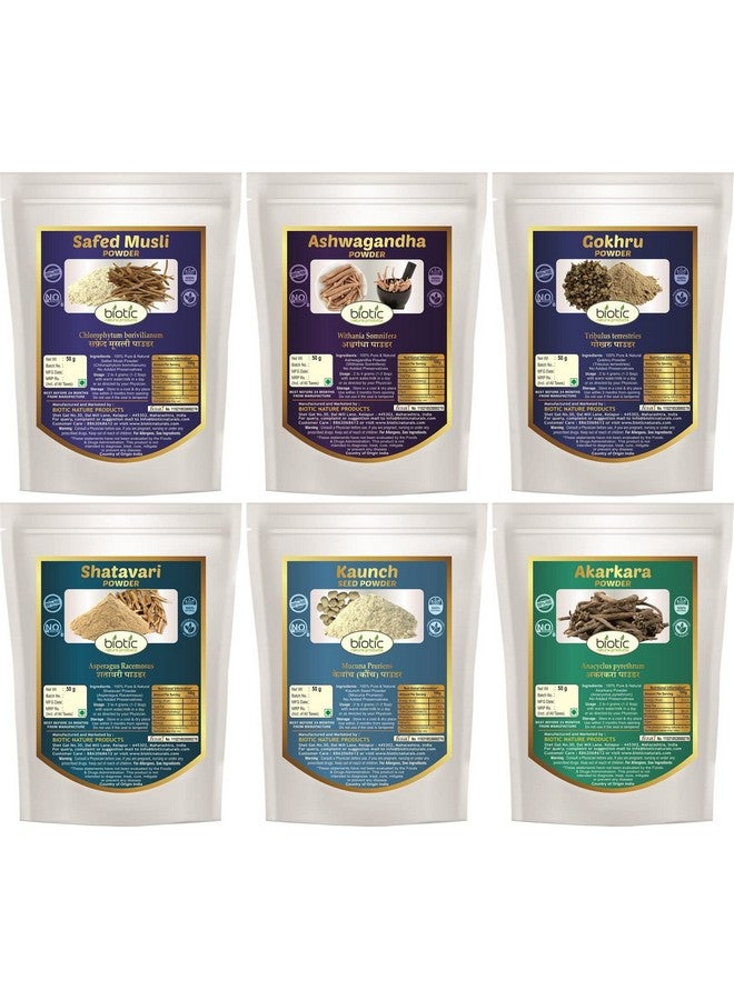 Biotic Safed Musli, Ashwagandha, Shatavari, Kaunch, Gokhru, Akarkara Powder - 300gms (50gms each) - Image 1