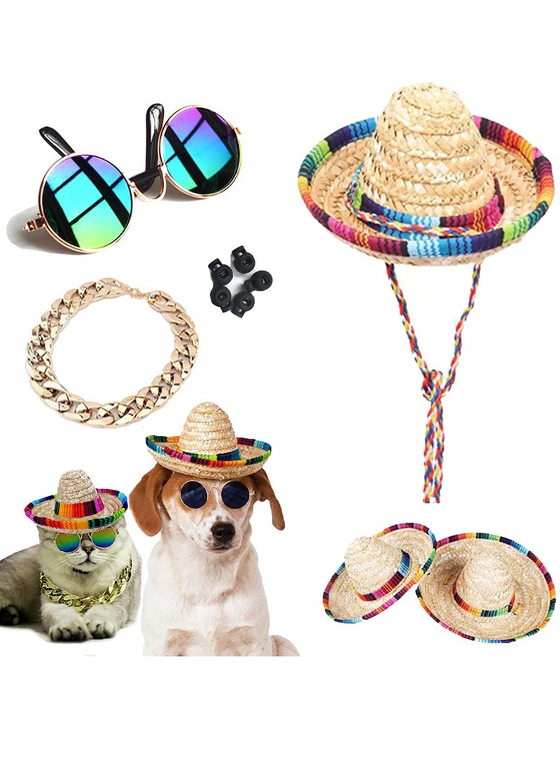 SYOSI Dog Hat 3Pcs Mini Sombrero Mexican Hats for Dog Classic Retro Pet Sunglasses and Adjustable Pet Chain Breathable Outdoor Pet Visor Sun Bonnet Outfit Pet Supplies for Small Dog and Cat Straw Hat  - Image 1