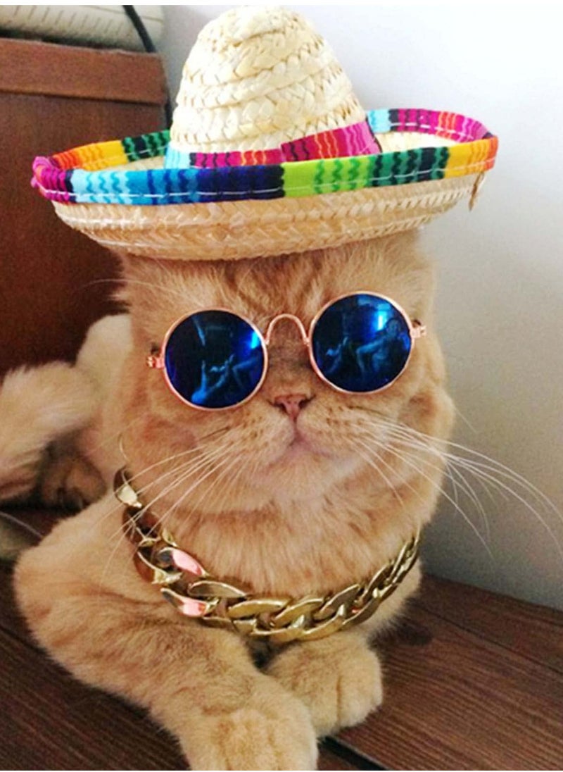 SYOSI Dog Hat 3Pcs Mini Sombrero Mexican Hats for Dog Classic Retro Pet Sunglasses and Adjustable Pet Chain Breathable Outdoor Pet Visor Sun Bonnet Outfit Pet Supplies for Small Dog and Cat Straw Hat  - Image 5