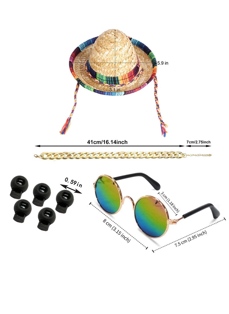 SYOSI Dog Hat 3Pcs Mini Sombrero Mexican Hats for Dog Classic Retro Pet Sunglasses and Adjustable Pet Chain Breathable Outdoor Pet Visor Sun Bonnet Outfit Pet Supplies for Small Dog and Cat Straw Hat  - Image 2