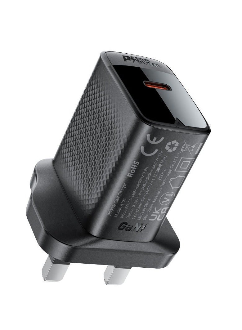 أسيفاست شاحن جداري سريع الشحن A103 PD30W GaN منفذ USB-C واحد (المملكة المتحدة) - Image 1
