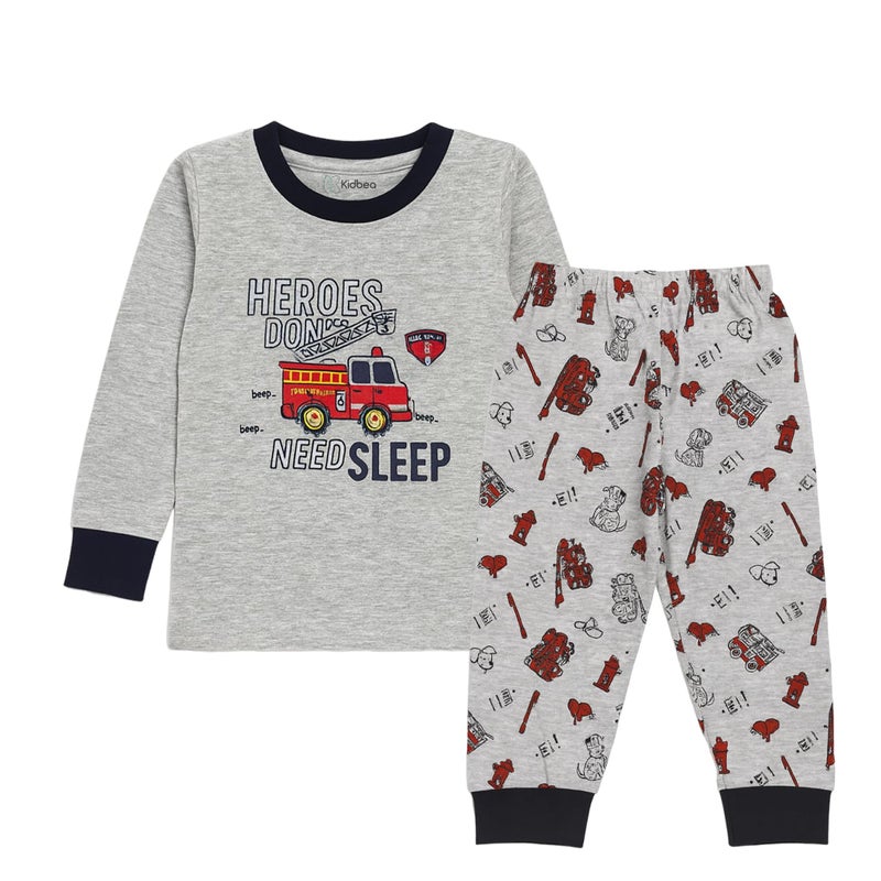 Kidbea® Unisex Kids Cotton Night Suit Set | Firetruck Print | Soft & Comfy Sleepwear for Kids | Full Sleeves Pajamas (Grey, 1-2 Years) - Image 5