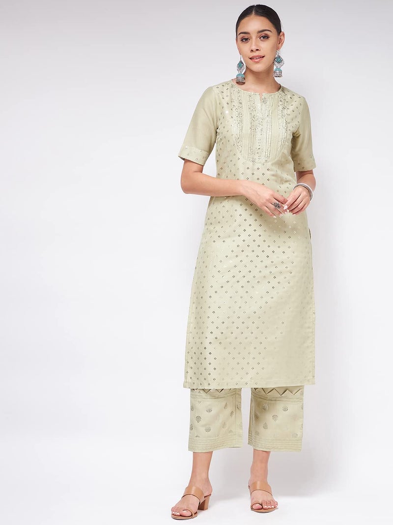 Pannkh Women's Festive Foil Printed Straight-Fit Kurta Lightweight Cotton Kurti with Shiny Foil Detailing for Special Occasions Pista Green - Image 4