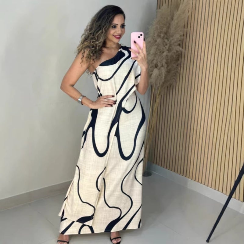 فستان ماكسي مطبوع بقصة ضيقة وحمالة كتف للنساء - Image 1