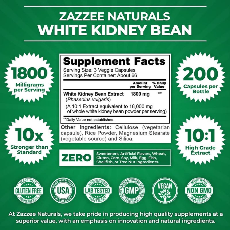 Zazzee White Kidney Bean 10:1 Extract, 1800 mg per Serving, 200 Vegan Capsules, Over 2 Month Supply, Standardized, Concentrated 10X Extract, 100% Vegetarian, All-Natural and Non-GMO, Made in The USA - Image 2