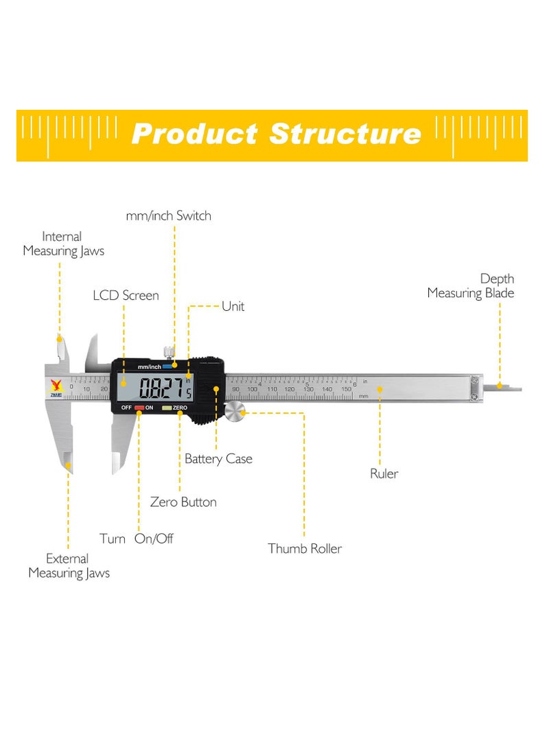 Generic - Digital Caliper 6 inch Micrometer with Large LCD Screen Inch and Millimeter Conversion Vernier Caliper Scale Measuring Tool for Household - Image 1