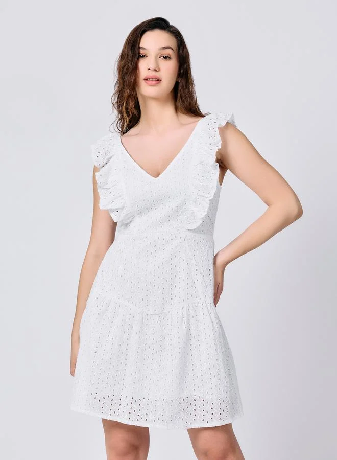 OUTZIDR White Ruffle Sleeved Mini Dress