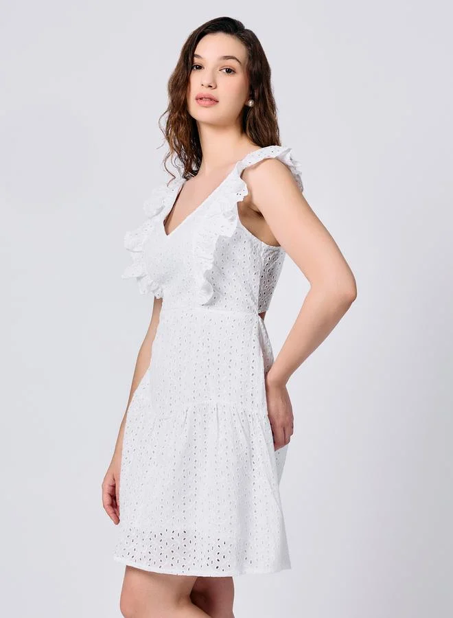 Outzidr  White Ruffle Sleeved Mini Dress for Women | Best Price UAE