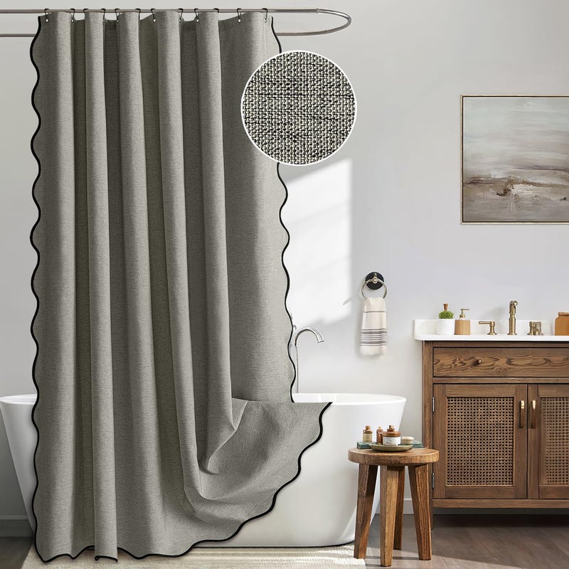 MIULEE Grey Scalloped Shower Curtain Linen Textured with 12 Metal Hooks Cute Heavy Duty Washable Waterproof Thick Cloth Shower Curtains with Black Border for Bathroom Hotel Bathtub,W72*L72 - Image 1