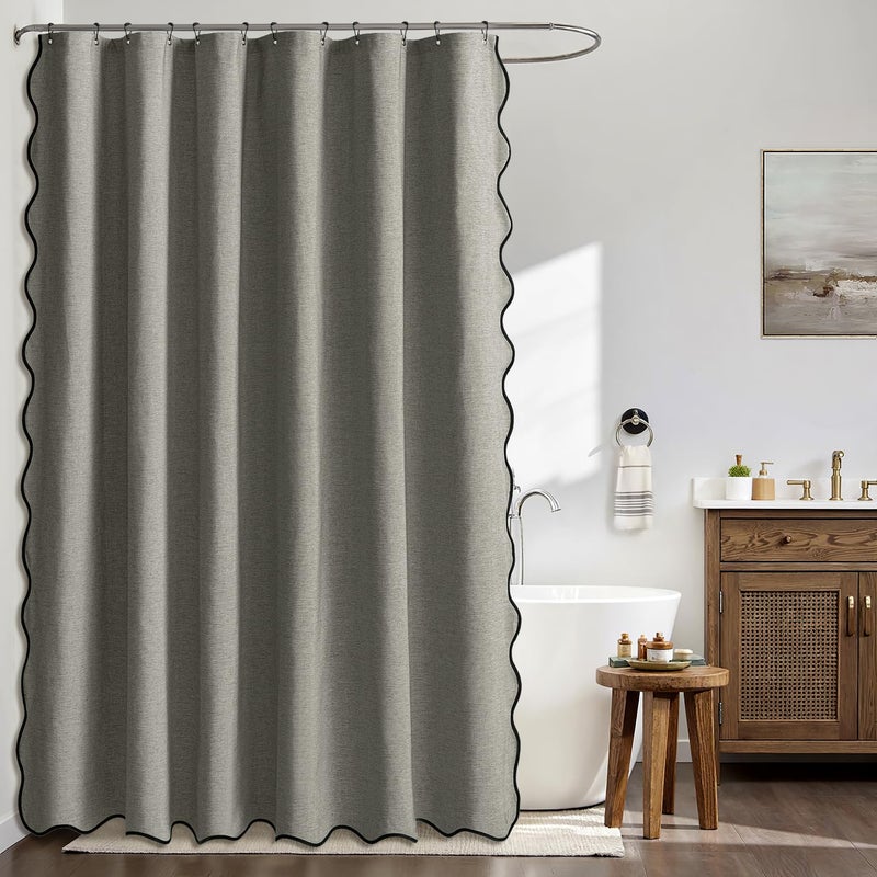 MIULEE Grey Scalloped Shower Curtain Linen Textured with 12 Metal Hooks Cute Heavy Duty Washable Waterproof Thick Cloth Shower Curtains with Black Border for Bathroom Hotel Bathtub,W72*L72 - Image 2