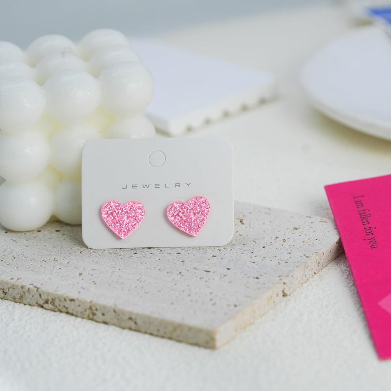 yfstyle Valentines Small Pink Heart Earring Studs Acrylic Glitter Minimalist Heart Earrings for Women Valentines Lover Jewelry Gifts Pink - Image 5