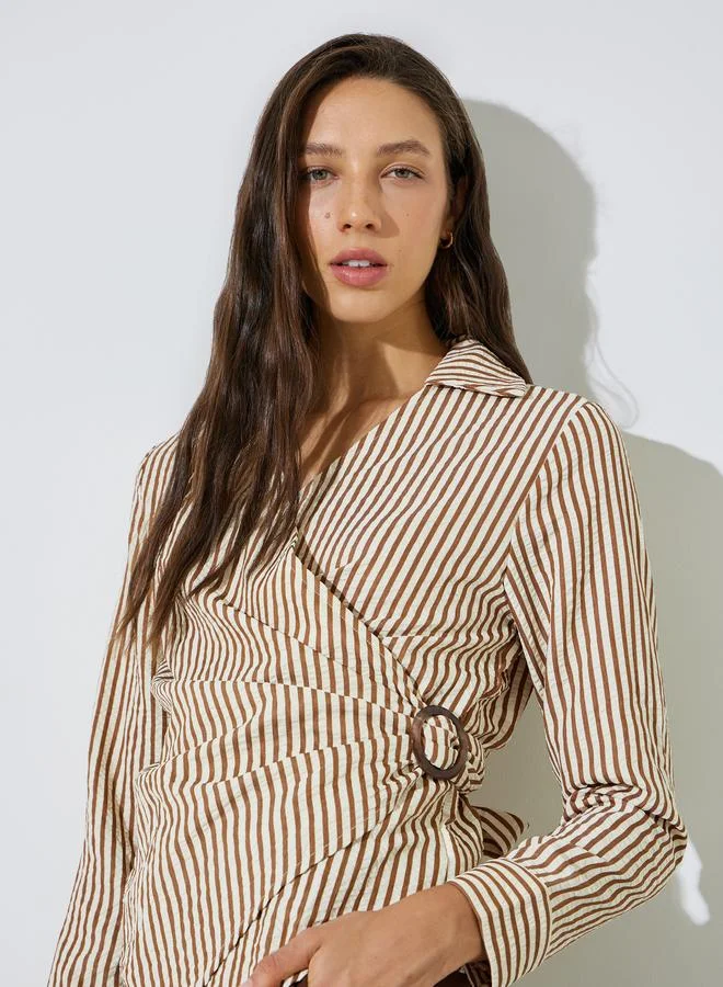 Brown Striped Long Sleeve Wrap Top