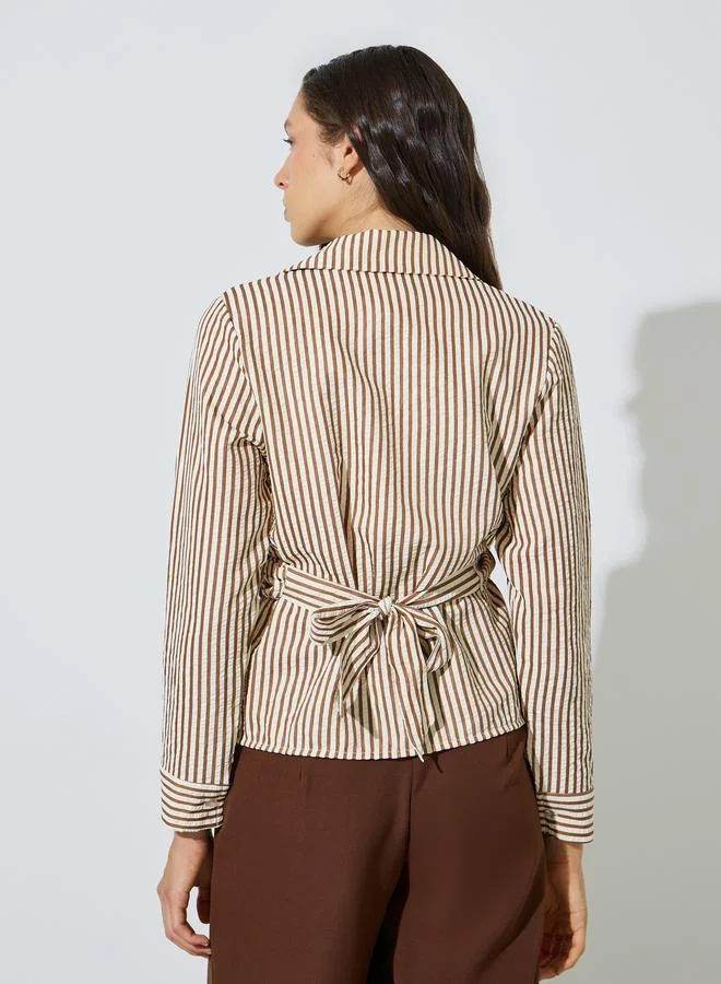 Styli Brown Brown Striped Long Sleeve Wrap Top for Women | Best Price UAE