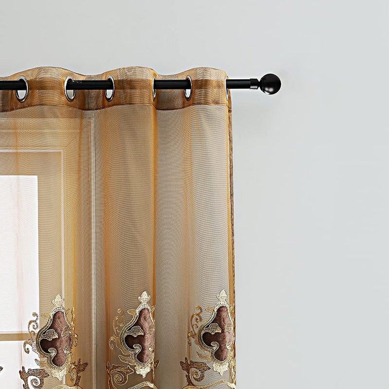 ELKCA Luxury Embroidered Sheer Curtains for Living Room Chocolate Tulle Curtains for Bedroom with Velvet Embroidered Grommet Top 52"" W x 84"" L 2 Panels - Image 2