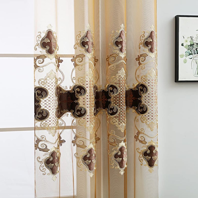 ELKCA Luxury Embroidered Sheer Curtains for Living Room Chocolate Tulle Curtains for Bedroom with Velvet Embroidered Grommet Top 52"" W x 84"" L 2 Panels - Image 3