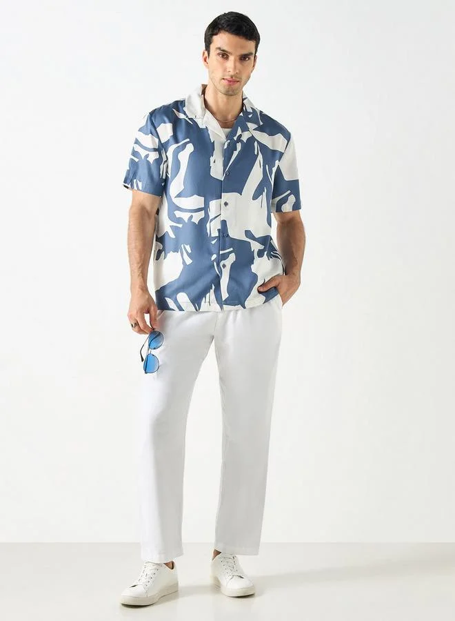 Iconic Iconic Regular Fit Printed Shirt with Camp Collar and Short Sleeves