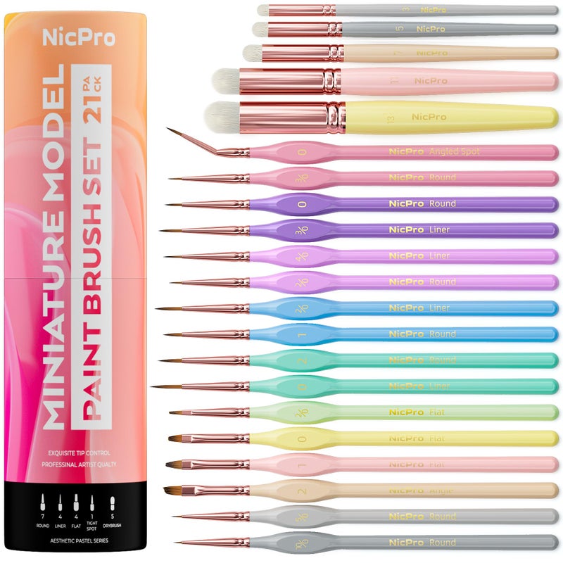 Nicpro 21PCS Fine Detail Paint Brush Drybrush Set, Aesthetic Pastel Fine Tip Miniature Paint Brushes for Acrylic Oil Watercolor, Crafts, 40K Models, Miniatures, Rock Painting, Paint by Numbers - Image 1