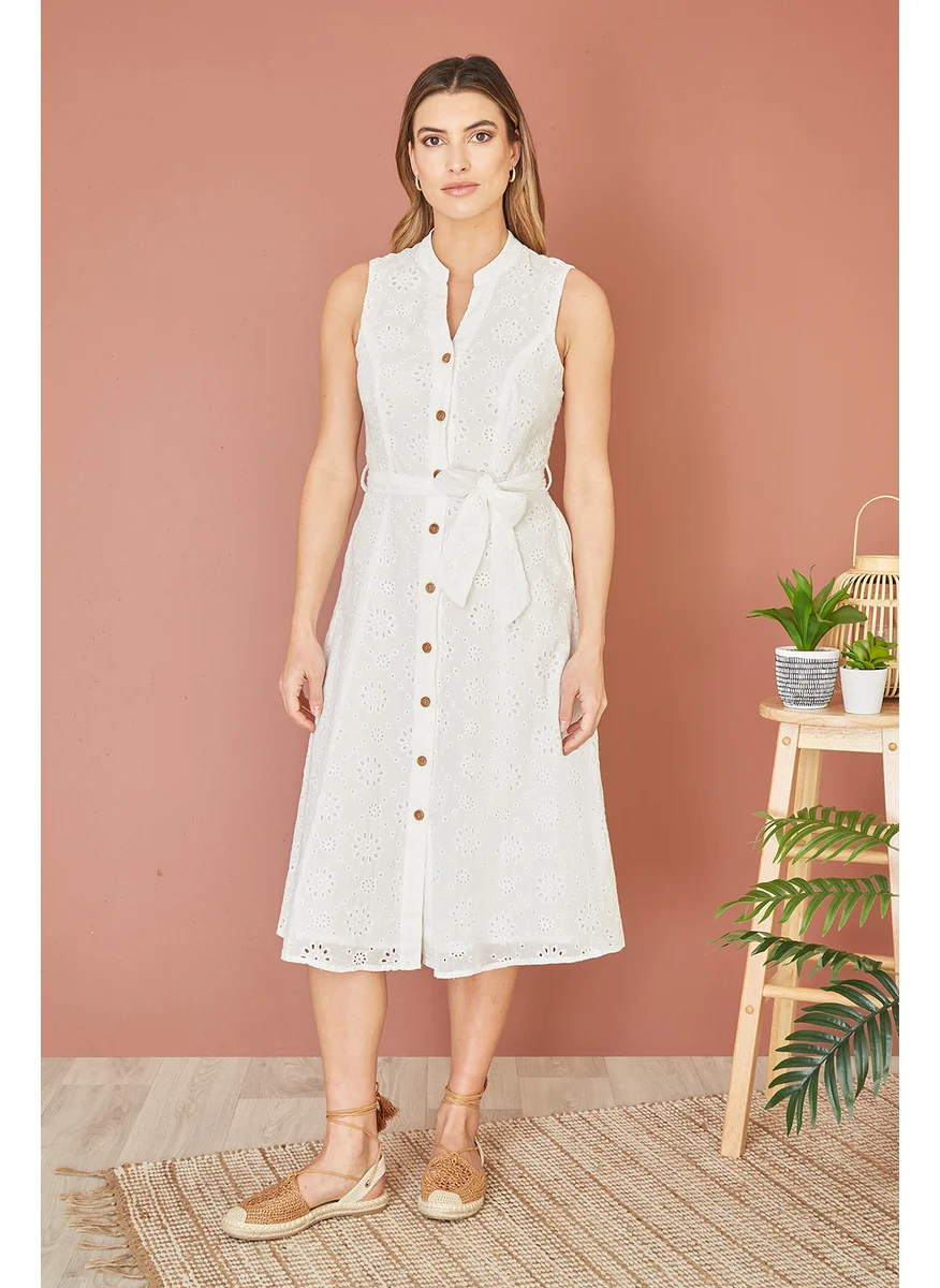 Yumi White Flower Broderie Anglaise Cotton Shirt Dress