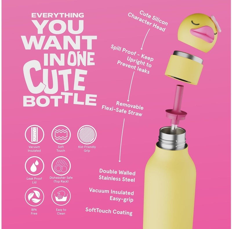 Asobu Ducky Bestie Bottle 16oz Kids Insulated Water Bottle with Straw, Stainless Steel Vacuum Flask, Leak Proof, BPA Free, Keeps Drinks Cold 24H Hot 12H, Cute Bottle for Boys & Girls - Image 3