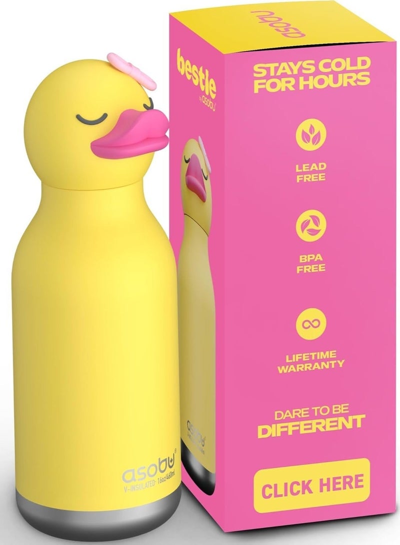 Asobu Ducky Bestie Bottle 16oz Kids Insulated Water Bottle with Straw, Stainless Steel Vacuum Flask, Leak Proof, BPA Free, Keeps Drinks Cold 24H Hot 12H, Cute Bottle for Boys & Girls - Image 1