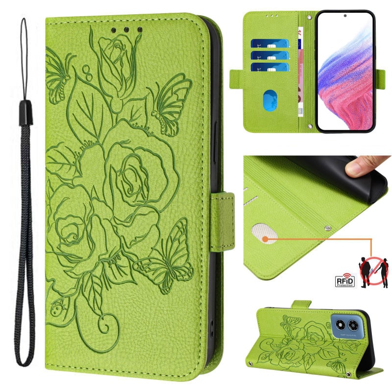 HuHa Case Cover For Motorola Moto G Play 5G / G 5G 2024 Embossed Rose RFID Anti-theft Leather Phone Case(Green) - Image 1