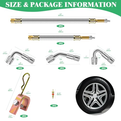 Yauhar 15pcs Valve Stem Extension with Tire Valve Stem Cores Kit, 45 90 135 Degree Brass Valve Stem Extender and 7" 12" Stainless Steel Braided Stem Extension Adaptors for Most Cars Truck - Image 2