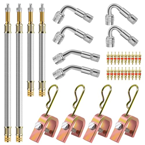 Yauhar 15pcs Valve Stem Extension with Tire Valve Stem Cores Kit, 45 90 135 Degree Brass Valve Stem Extender and 7" 12" Stainless Steel Braided Stem Extension Adaptors for Most Cars Truck - Image 1