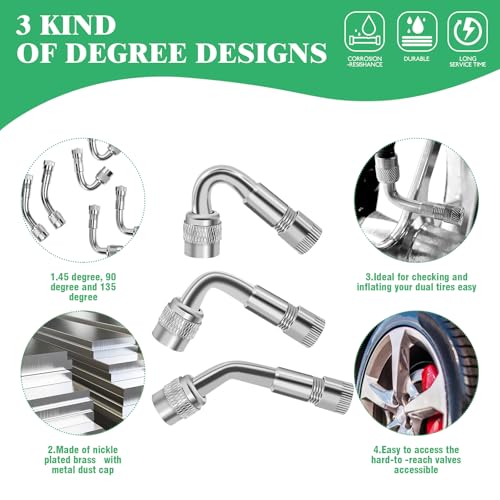 Yauhar 15pcs Valve Stem Extension with Tire Valve Stem Cores Kit, 45 90 135 Degree Brass Valve Stem Extender and 7" 12" Stainless Steel Braided Stem Extension Adaptors for Most Cars Truck - Image 4