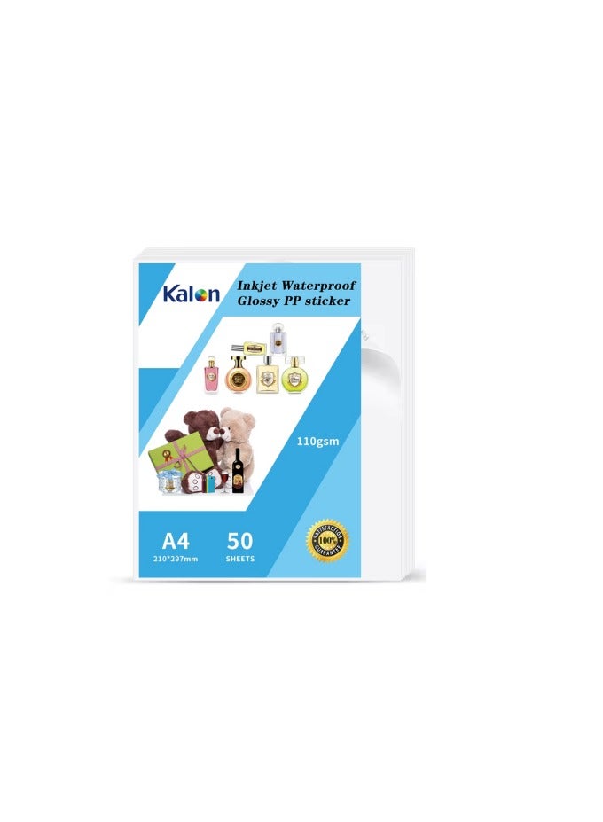 Kalon A4 Inkjet Waterproof Glossy PP Sticker Paper 110gsm, 50 Sheets Printable adhesive glossy label  sticker paper - Image 1