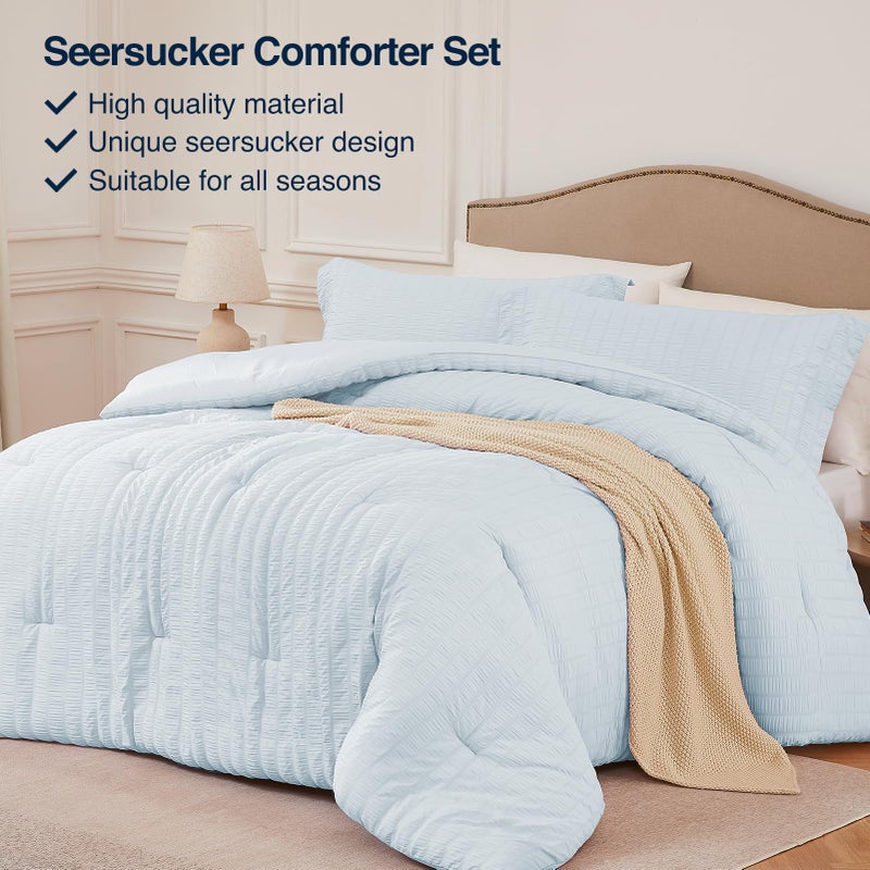 Quataly SkyBlue Queen Comforter Set - 3 Pieces Seersucker Lightweight Bedding Comforter Sets (1 Soft Fluffy Comforter & 2 Pillowcases) - All Seasons Cozy Modern Bed Sets - Image 2