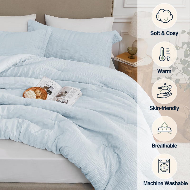 Quataly SkyBlue Queen Comforter Set - 3 Pieces Seersucker Lightweight Bedding Comforter Sets (1 Soft Fluffy Comforter & 2 Pillowcases) - All Seasons Cozy Modern Bed Sets - Image 3