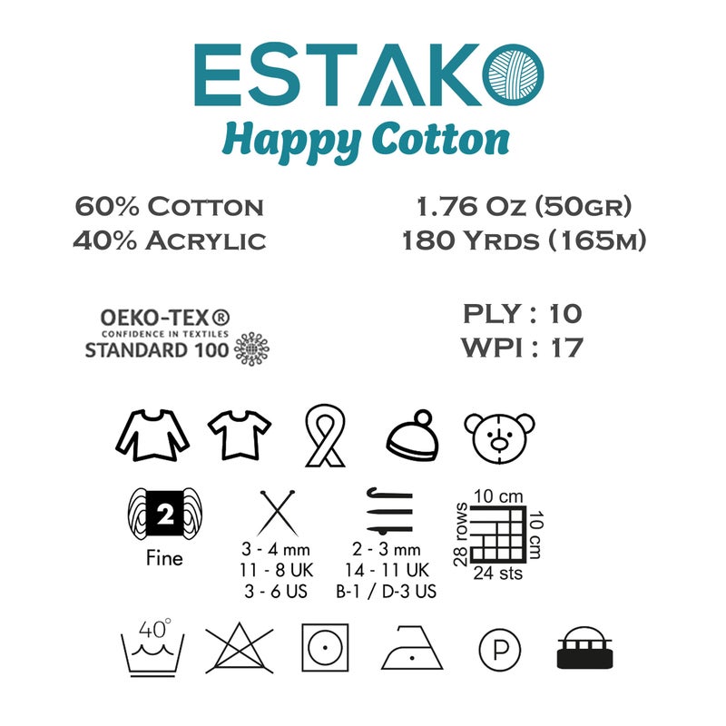 Estako Happy Cotton, 60% Cotton 40% Acrylic Yarn, Soft, Fine/Sport (2) for Crochet and Knitting 1.76 Oz (50g) / 180 Yrds (165m) (4310 - Baby Pink) - Image 3