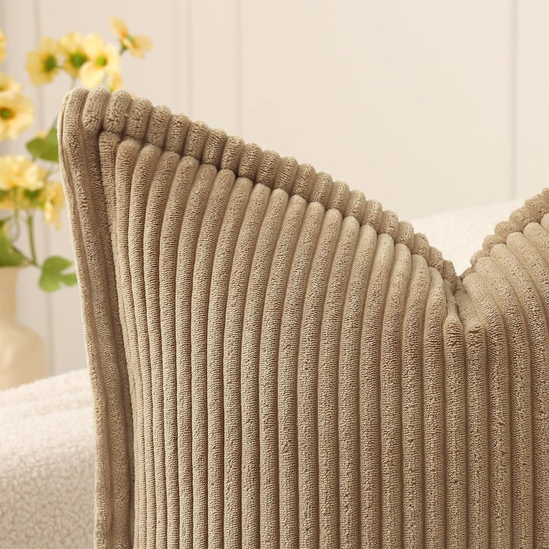 Mecatny Corduroy Throw Pillow Covers 18x18 Set of 2, Neutral Decorative Soft Boho Couch Pillow Covers with Broadside for Sofa Living Room, Khaki - Image 4