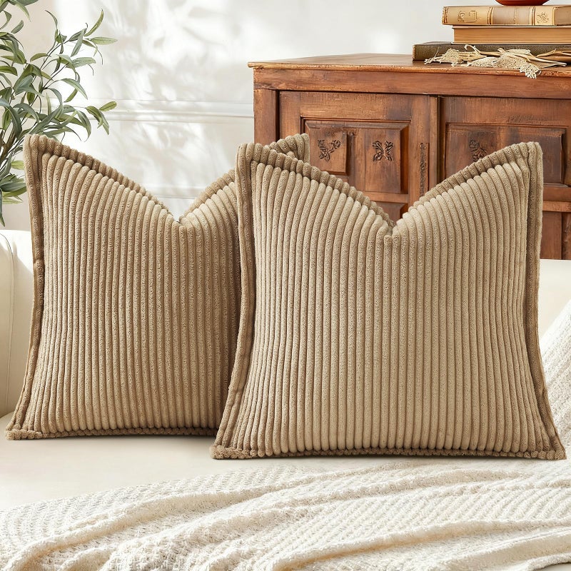 Mecatny Corduroy Throw Pillow Covers 18x18 Set of 2, Neutral Decorative Soft Boho Couch Pillow Covers with Broadside for Sofa Living Room, Khaki - Image 1