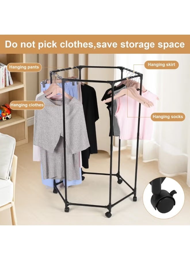 رف ملابس قابل للدوران مع عجلة، رف ملابس عالي التحمل على عجلات، رف ملابس متعدد الوظائف سداسي يدور 360 درجة، رف ملابس محمول لغرفة النوم وغرفة المعيشة. 29.3 × 13.7 × 47.2 بوصة - Image 4