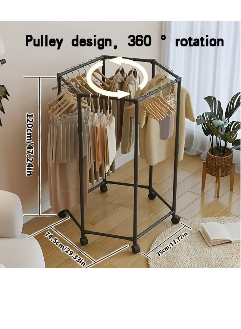 رف ملابس قابل للدوران مع عجلة، رف ملابس عالي التحمل على عجلات، رف ملابس متعدد الوظائف سداسي يدور 360 درجة، رف ملابس محمول لغرفة النوم وغرفة المعيشة. 29.3 × 13.7 × 47.2 بوصة - Image 5
