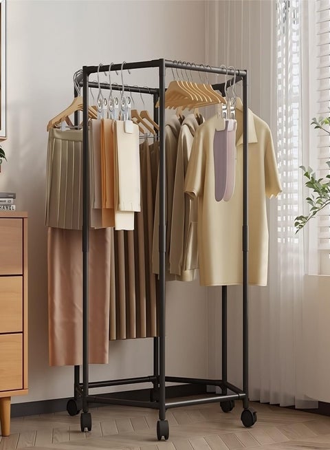 Hexagon Heavy Duty Clothes Rail on Wheels，Rotatable Clothing Rack with Wheel, Metal Garment Stand,Wardrobe Space Saving Display Rack.360° Swivel Lockable Garment Rack.29.3*13.7*47.2Inch