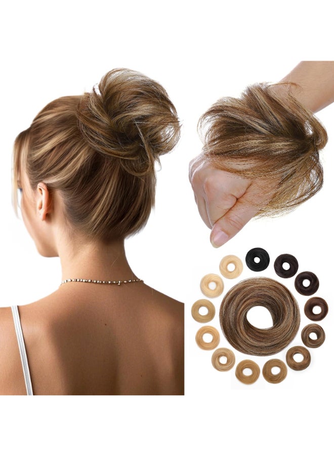 Hairro Human Hair Messy Bun 100 Real Ponytail Hair Scrunchies Natural Curly Chignon Fluffy Donut Updo Hairpiece with Elastic Rubber Band for Women 1 Count Medium Brown Mix Dark Blonde Straight - Image 2