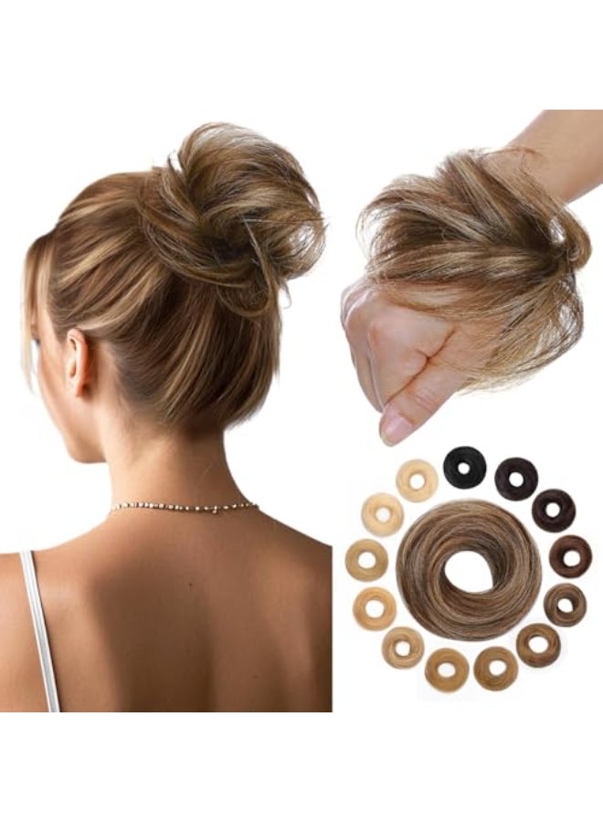 Hairro Human Hair Messy Bun 100 Real Ponytail Hair Scrunchies Natural Curly Chignon Fluffy Donut Updo Hairpiece with Elastic Rubber Band for Women 1 Count Medium Brown Mix Dark Blonde Straight - Image 1