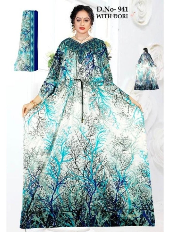 Saway فستان جلابية فارشة عربية بطبعة ريش مع شيلة صغيرة