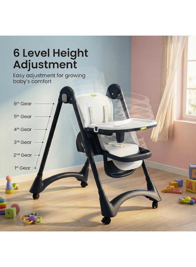 BAYBEE Premium Foldable 4 in 1 Kids High Chair for Baby with 6 Level Height Adjustable, Baby Feeding Chair with 3 Position Recline & Adjustable Footrest, 5 Point Safety Belt, |  Baby High Chair for Kids with Removeable Food Tray & Lockable Wheels White - Image 3