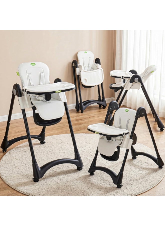 BAYBEE Premium Foldable 4 in 1 Kids High Chair for Baby with 6 Level Height Adjustable, Baby Feeding Chair with 3 Position Recline & Adjustable Footrest, 5 Point Safety Belt, |  Baby High Chair for Kids with Removeable Food Tray & Lockable Wheels White - Image 1