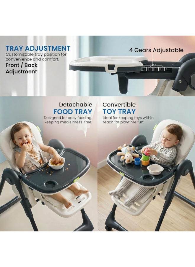 BAYBEE Premium Foldable 4 in 1 Kids High Chair for Baby with 6 Level Height Adjustable, Baby Feeding Chair with 3 Position Recline & Adjustable Footrest, 5 Point Safety Belt, |  Baby High Chair for Kids with Removeable Food Tray & Lockable Wheels White - Image 5