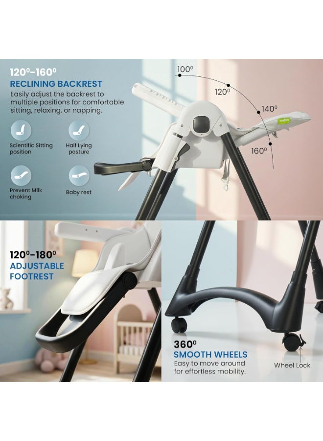 BAYBEE Premium Foldable 4 in 1 Kids High Chair for Baby with 6 Level Height Adjustable, Baby Feeding Chair with 3 Position Recline & Adjustable Footrest, 5 Point Safety Belt, |  Baby High Chair for Kids with Removeable Food Tray & Lockable Wheels White - Image 4