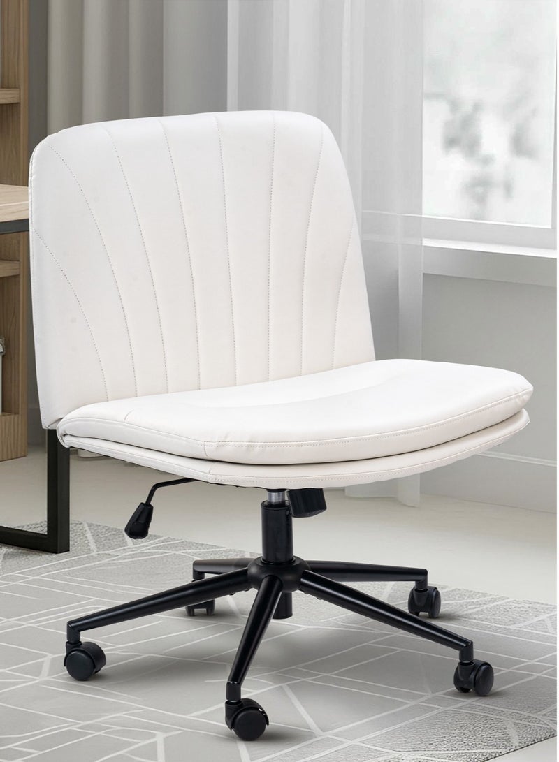 دراجو كرسي مكتب بأرجل متقاطعة للعمل في المنزل، مصنوع من جلد البولي يوريثان لراحة الجلوس لساعات طويلة، بدون مساند للذراعين، قابل لضبط الارتفاع والإمالة | كرسي كمبيوتر دوار للمنزل والمكتب، لون بيج - Image 1